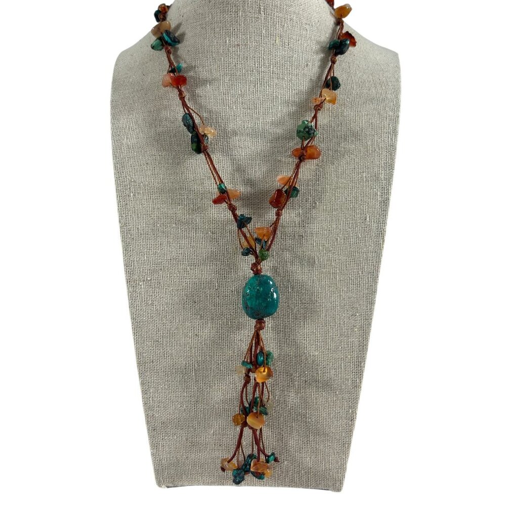 Boho Multistrand Stone Chip Necklace Brown Cord Turquoise Donut Toggle Y Tassel